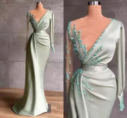 Elegant Evening Dresses Modest Long Sleeves Sheer Neck Appliques Beads Floor Length Formal Prom Occasion Wears Vestidos de fiesta BC9866