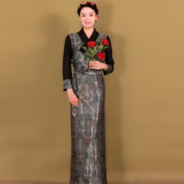 Tibetanska etniska kläder asiatisk klänning klassiska långa ärmar elegant mantel tibet traditionella kläder för kvinnor orientalisk vestido vintage mönster dräkt