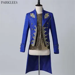 Men's Gold Embroidered Steampunk Victorian Tailcoat Jacket Party Medieval Cosply Prom Costume Vintage Royal Blue Tuxedo Coats 220815