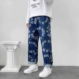 Fashion Men Wide Leg Jeans Letter print Streetwear Hip hop Straight Baggy Denim trend Pants Male Brand Trousers 2022 Autumn New G0104