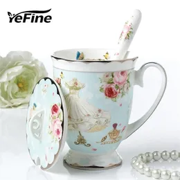 Yefine High Grade Bone China Tea Mug Porcelain Ceramic Coffee Mug med lock och rostfritt sked Drinking Cup Dropshipping 210409