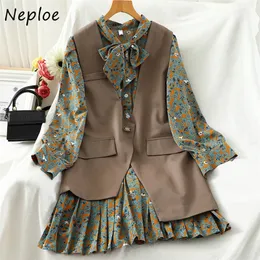 Neploe New Chic Suit Drawstring Stand Collar Flower Print Pleated Dress Solid Color Simple Elegant Vest Women 2 Piece Set LJ201117