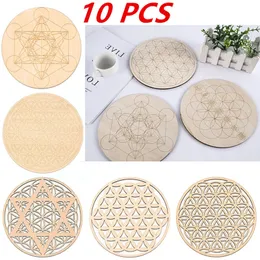 10PCS Round Edge Circles Carved Coaster Natural Chakra Flower of life Symbol Wood For Stone Crystal Set Home Kitchen DIY Decor W220406
