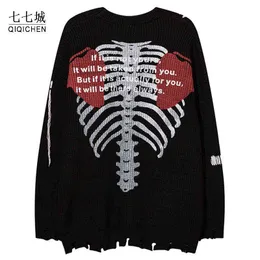 Gat gebreide truien mannen esqueleto breve patroon truien trui mode harajuku casual stretwear punk punk nieuwe t220730