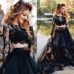 2022 Schwarze Brautkleider Zweiteiliges Brautkleid mit langen Ärmeln SpitzeApplique U-Ausschnitt Rüschen Plus Size Maßgeschneiderte Hochzeitsfeierkleider Vestido de Novia