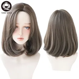 7JHH Blonde Middle Part Synthetic Lolita Wig For Women 2 Tone Ombre Black Brown Wigs Heat Resistant Short Straight Bob Wigfactory direct