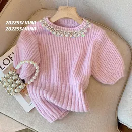 Women's T Shirts Jumpers Pink Purple Pearl Short Sleeve Sweater Women's Summer Korean Lantern Rhinestone Knitwear Top Pull Femme Beaded