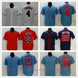 Movie College Baseball Wears Jerseys Stitched 4 Correa 22 MiguelSano 25 Buxton 34 KirbyPuckett Slap All Stitched Number Name Away Breathable Sport Sale High Quality