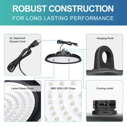 UFO LED High Bay Light 100W 200W 300W US Hook 5 Cable Industrial