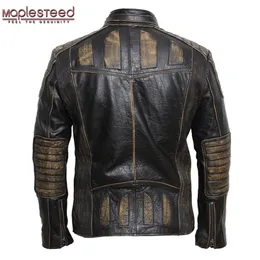 Maplesteed Vintage Motosiklet Ceket Erkekler Deri Ceket 100 Cowhide Gerçek Deri Ceketler Erkek Biker Ceket Moto Ceket 090 LJ201029