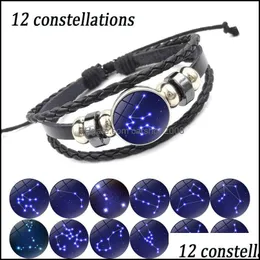 Charmarmband smycken 12 zodiakarmband med äkta läder glas cabochon konstellationsskyltar mtilayer armband droppleverans 2021 mhuvp