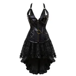 Bustiers korsetter Steampunk Corset Dress Pirate Costume Pu Leather Bustier Lingerie Top With Asymmetric Floral Spetskjol Set Gothic Dressb
