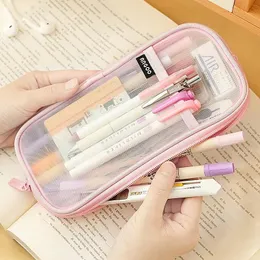 Bolsas de cosméticos casos pcs malha criativa transparente quadrado fofo/oval portátil caneta bolsa bolsa bolsa escolar abastecimento de papelaria