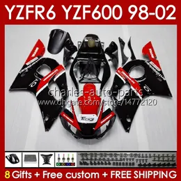 Ramka ciała dla Yamaha YZF-600 YZF R6 R 6 600 cm3 YZFR6 1998 1999 00 01 02 Bodywork 145NO.15 YZF 600 CC Cowling YZF-R6 98-02 YZF600 98 99 2000 2001 2002 Fairing Zestaw Czerwony czarny czarny BLK