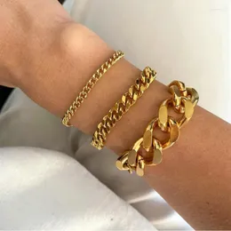 Cadeia de link 18K Pulseira de aço inoxidável banhado a ouro para mulheres 3mm 6mm 8mm 12mm Miami Cuban Chunky Bracelets Ajustável INTE22