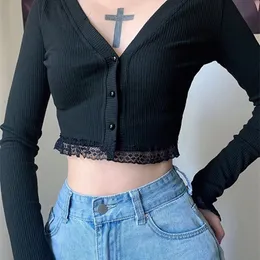 Altgoth Gotik Koyu Siyah Punk Seksi Dantel Patchwork Örme T-Shirt Kadınlar Uzun Kollu V-Neck Slim Street Bottom Hırka Kadın 220525