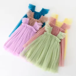 Kids Designer Clothes Girls Fairy Tulle Gauze Dresses Fly Sleeve Net Halter Dress Pompous Princess Dance Dress Summer Boutique Elegant Ball Gown B7