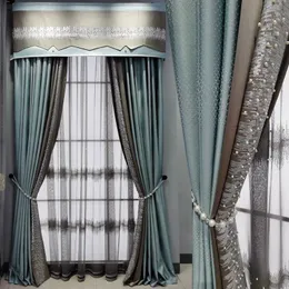 Cortina draxas francesas de luxo de luxo pérolas costura de renda azul jacquard blecaute para sala de estar #4curtain