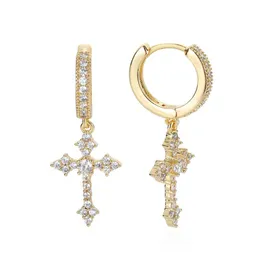 Hip Hop Cross Dangle Earrings Full White Zircon Hoop Drop Earrings Real Gold Plated Jewelry