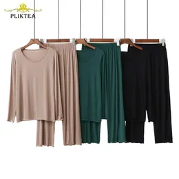 90kg Artı Boyut Uzun Kollu Yumuşak Modal Ev Giysileri Kadınlar için 2 Parçalı Set Sonbahar Homewear Kadın Modal Pijamaları Set Sleepwear 201114