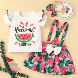 여름 유아 아기 여자 옷 세트 디자이너 어린이 소녀 티셔츠 탑 스트랩 스커트 헤드 밴드 3 피스 의상 부티크 어린이 의류