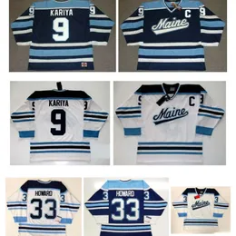 Maglia vintage Maine Black Bears 9 KARIYA 33 Maglia da hockey con cuciture bianche blu Jimmy Howard