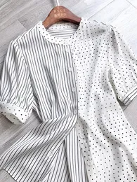 Camiseta feminina Polca de bolinhas listradas dupla joe seda camisa de manga curta feminina blusa tampo 22 Summer Mulberry Shirtwomen's