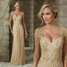 Champagne Abiti per la madre della sposa Chiffon sexy scollo a V manica lunga appliques paillettes vita alta elegante economici taglie forti abiti per la madre abiti da ballo da sera