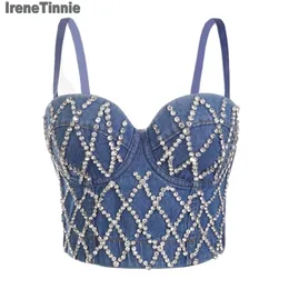 Irene Tinnie Sexy Charming Denim Jeans Diamonds Women's Bustier Bra Night Club Party Cropped Top Vest Plus Size 210401