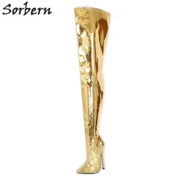 Sorbern Gold Metallic 18 cm High Heels Med Oberschenkel hohe Stiefel Diy Farben Frauen Größe 11 Schuhe benutzerdefinierte breite Wadenstiefel Plus Größe neu