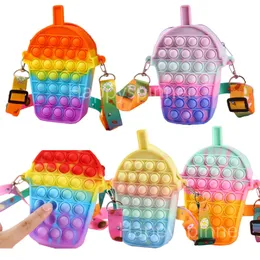 Pop Purse Fidget Toy Rainbow Milk Tea Cup Popping Crossbody Silicone Shoulder Bag Wallet for Girls