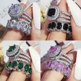 Luxury Green Black Pink Silver Color Cushion Wedding Engagement Rings Ring Sets for Women Finger Pure Personalized Jewelry R5847