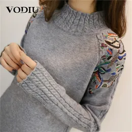 Koreańskie kobiety sweter pullover bawełna jesienna zima haft luźne solidne sweter z długim rękawem swobodny sweter pullover kobiety 201211