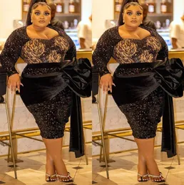 2022 Plus Size Arabic Aso Ebi Black Sexy Sparkly Prom Dresses Knee Length Evening Formal Party Second Reception Birthday Engagement Bridesmaid Gowns Dress ZJ605