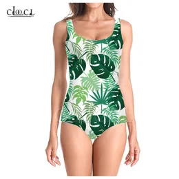 est moda zielone liście 3D Drukuj dziewczyny Onepiece letni kostium kąpielowy Kąpiec Bezprzewodnikowy bez rękawów Slim Sexy Swimsuit 220617