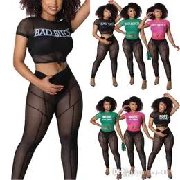 2022 Sexy Stretch Gaze Trainingsanzüge Für Frauen Mesh Sheer Yoga Hosen Sets Frauen Kleidung Brief Gedruckt Zwei Stück Outfits