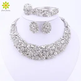 Nigerianska bröllop Afrikanska pärlor smycken set Crystal Necklace Set Silver Color Jewelry Set Wedding Accessories Party 220726