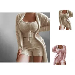 Women's Tracksuits 1 Set Casual Vest Shorts Coat Tre-Piece Women Homewear Square Collar Slim Pure Color Temperament Top