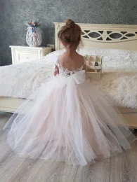 Wedding Flower Girl Dress With Sleeves Lace Tulle Princess Ball Gown For Party Junior Bridesmaid Dresses Sweet Kids Girl Clothes MC2306