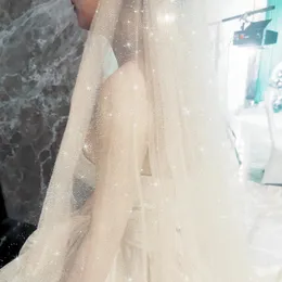 Bridal Veils V90 Champagne Color Wedding Veil Shiny Kort Tillbehör gnistra lyxbröllopbrid