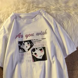 Verão japonês dos desenhos animados menina impressão de manga curta camiseta mulheres estilo harajuku tendência casual camiseta casal solto camiseta 220801