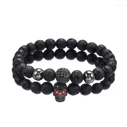 8mm Schwarz Lava Stein Perlen Armband Set Schädel Mann Weibliche Schmuck Pulsera Hombre Armband Zubehör Biliklik Link Kette