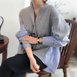 Women's Knits & Tees V-Neck Stylish Knitted Button Cardigans Loose Tops 2022 Spring Women's Sweaters Patchwork Srtiped KnittingWomen's