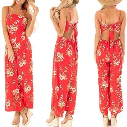 Women's Jumpsuits & Rompers Fashion Lace Up Backless Flower Sling Jumpsuit Women 2022 Summer Sexy Sleeveless Wide Leg Beach Chiffon Womens