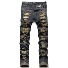 Flera hål Slim fit jeans 2022 Ny mode casual rippade denim byxor förstörde frayed blyertsbyxor hiphop streetwear