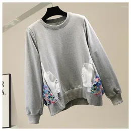 Pullover Hodies Women 2022 Spring Female Clothes Embroidery Lace Mesh Patch Round Neck Long Sleeve Grey Blue Sweatshirt Femme Women's Hoodie