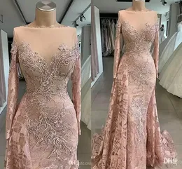 Luxury Dusty Pink Mermaid Prom Dresses Vintage manica lunga in pizzo Appliques perline Abiti da sera lunghi Occasioni formali BC5129