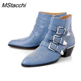 MStacchi Women Genuine Leather Gold And Silver Rivet Susanna Studded Women Ankle Boots Round Toe Flower Boots Mujer Women Luxury 201103