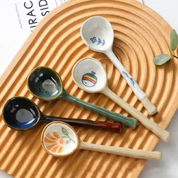 Stoneware Soup Spoon Ceramic-Spoon Long Handle Spoon Beautiful Creative Household Rice Spoon