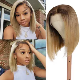 Ombre Colored Brazilian Virgin Human Hair Wigs T Part Lace Wig For Women Short Straight Bob Wig 2022 New Style